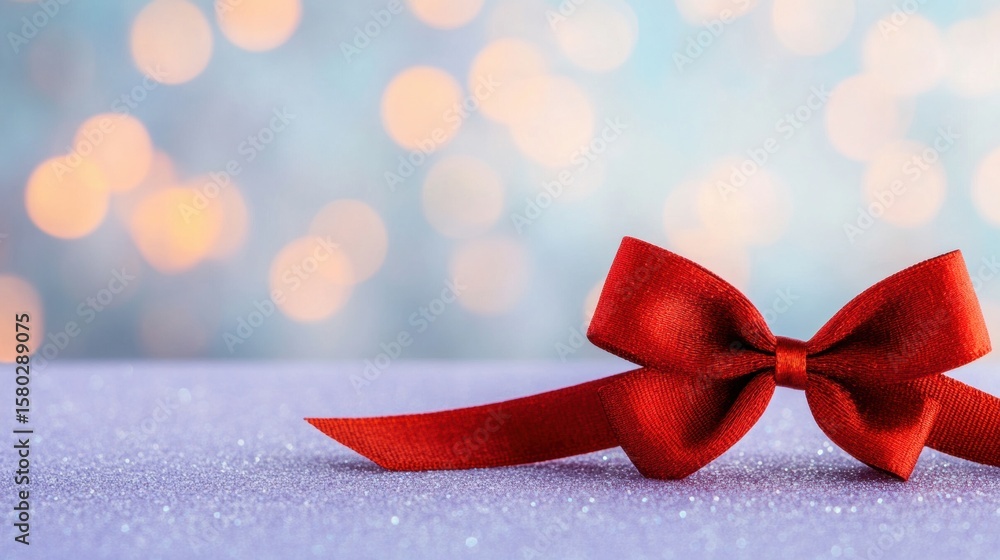 Aufkleber elegant red bow placed on sparkling surface with bokeh background