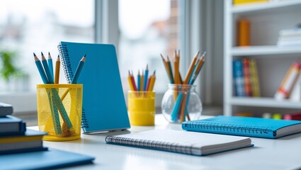 Colorful school and office stationery supplies including pencils, pens, and notebooks on a white background