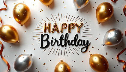 This image depicts a festive scene with golden and silver balloons and confetti scattered on a white surface, with the words "Happy Birthday" prominently displayed in a stylish font.