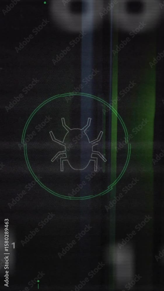 Poster animation of bug icon over data processing and server room