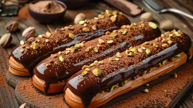 Three chocolate-glazed eclairs topped with pistachios on a rustic wooden board, perfect for gourmet food projects.