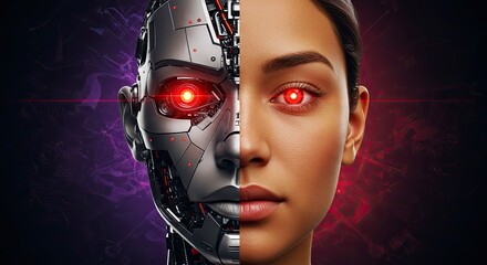 Cyborg and Human Fusion: Red-Eyed, Futuristic, Technological, Digital Art.