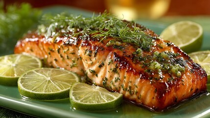 Baked salmon fillet with lime dill on green aesthetic
