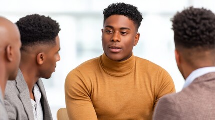 A group of men engaged in a serious discussion, with one man in a mustard turtleneck speaking while others listen attentively.