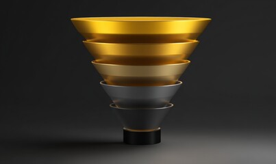 Photo of a golden sales funnel with multiple tiers illustrates the stages of lead conversion and customer acquisition