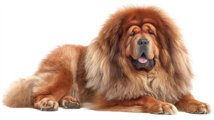 Fototapeta premium A large fluffy brown dog lying down on a white background looking at the camera with its tongue out