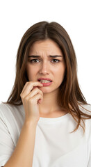 Fototapeta premium Worried Woman Close Up Portrait with Nail Biting Transparent Background