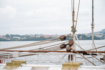Close up view of a ship utils with ropes