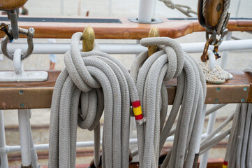 Close up view of a ship utils with ropes