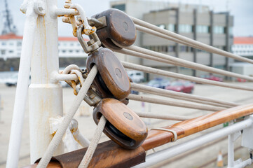 Close up view of a ship utils with ropes