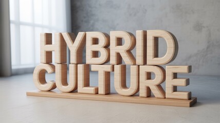 Wooden block letters spell out "HYBRID CULTURE" on a smooth surface with natural light from a nearby window.