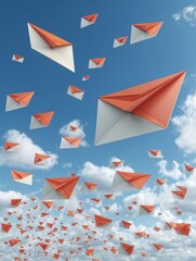 Email Inbox Metaphor With Flying Paper Planes in a Clear Blue Sky During Daytime, Representing Communication and Connectivity in the Digital Age