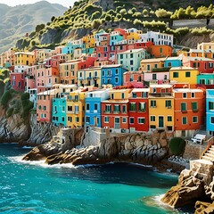 Colorful Coastal Village with Stacked Mediterranean Houses and Boats in Turquoise Bay – Seaside Charm and Scenic Architecture Concept