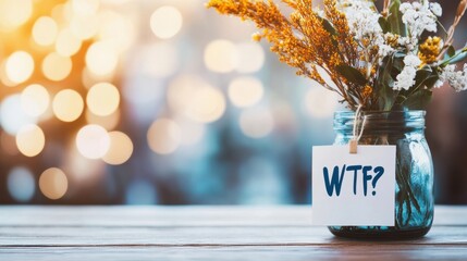 Creative flower arrangement in a jar with a humorous note at a cozy setting