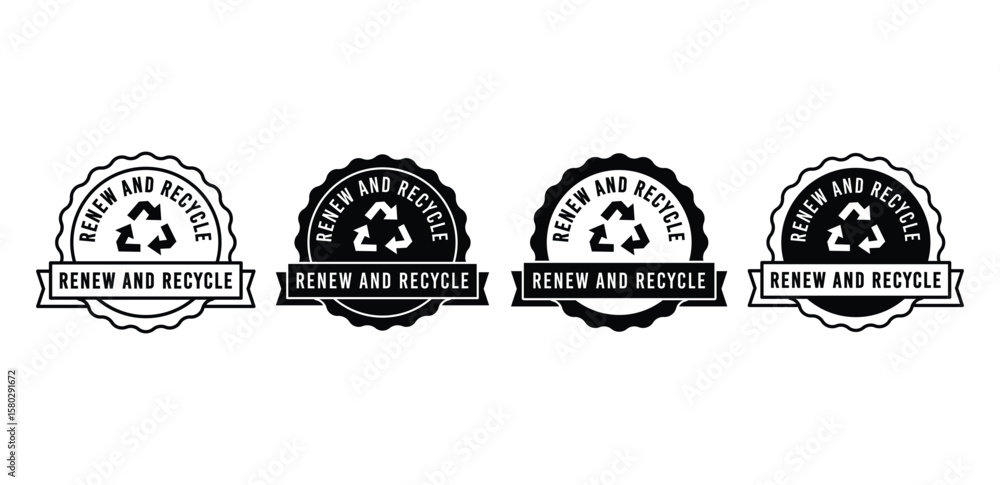Poster renew and recycle icons black and white circular stamps with recycling symbol vector design template