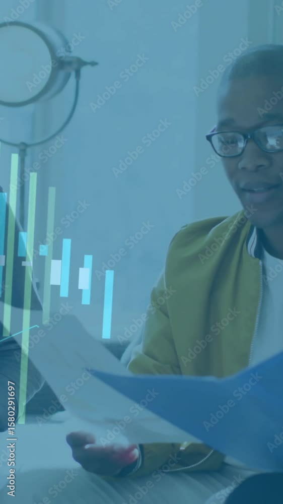 Poster animation of financial data processing over diverse colleagues discussing work in office