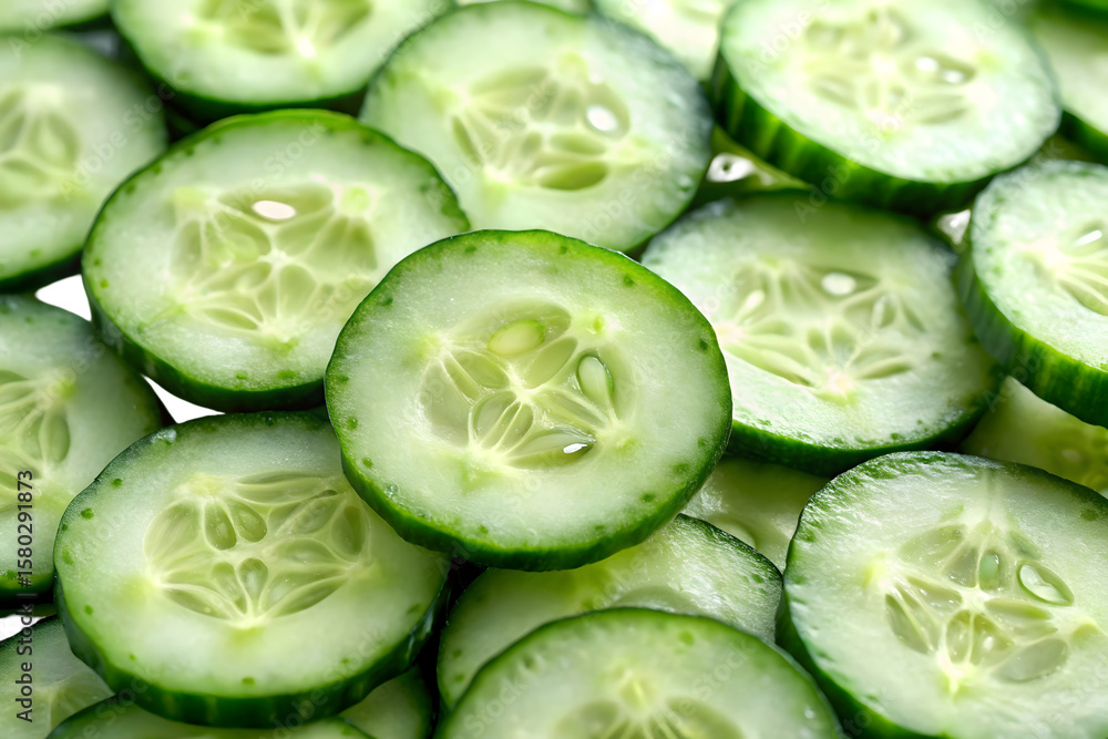 Poster close up of fresh cucumber slices isolated on transparent surface png transparent background