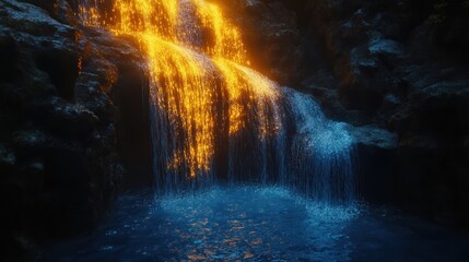 Fiery waterfall cascading into dark pool, mystical cave background