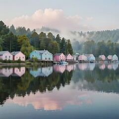 Pastel Stilt Houses Reflected in Misty Lakeside Landscape – Cozy Living and Serene Nature Retreat Concept