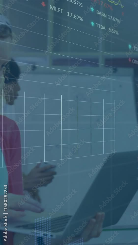 Poster animation of financial data processing over diverse colleagues discussing work in office