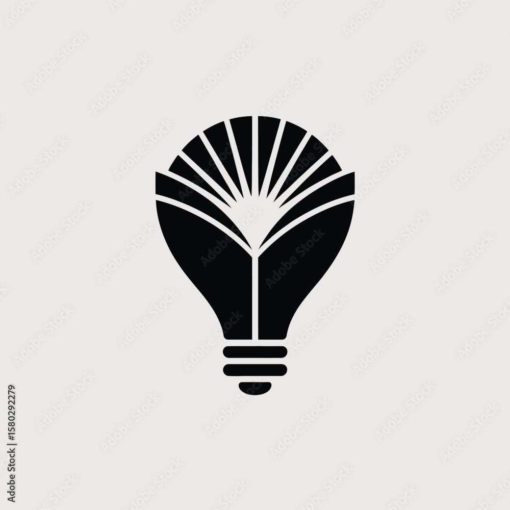 Poster stylized black light bulb icon with open book and radiating lines symbolizing knowledge and ideas