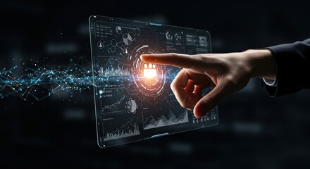 Fototapeta premium Hand interacts with a futuristic digital screen showing data analysis and network visualizations for modern technology.