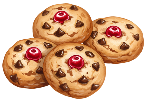 Illustration of Stacked Cookies with Cherry and Chocolate on Transparent