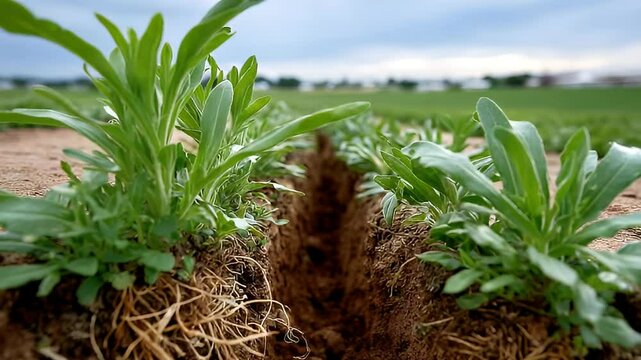 Young plants growing in furrow