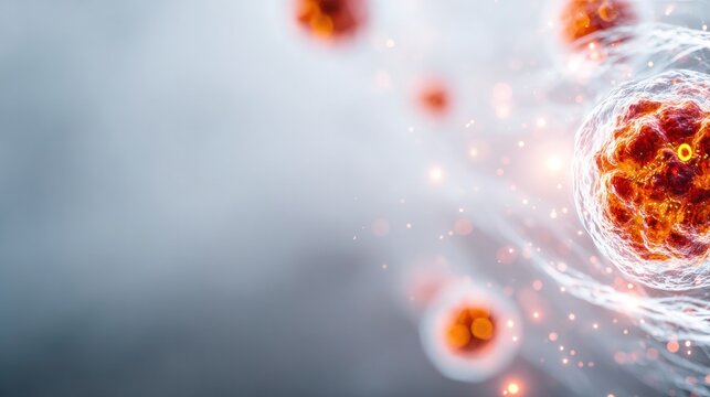 Cellular Realm: Witness the intricate beauty of the cellular world. A dynamic representation showcases radiant, vibrant cells against a soft, nebulous backdrop.