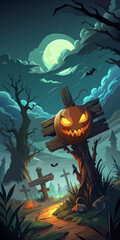A spooky halloween night scene with a pumpkin on a cross and a full moon in the background image