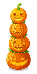 A stack of four cartoon halloween pumpkins with carved faces and green stems on a white background