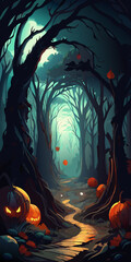 A spooky halloween night scene with pumpkins and a path through a dark and eerie forest setting