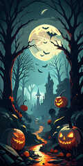 A spooky halloween night scene with pumpkins bats and a castle under a full moon in the forest
