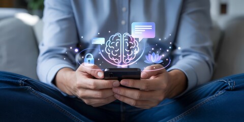 man using a mental health app for a virtual therapy session