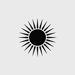 Stylized black sun icon with sharp rays on a light gray background