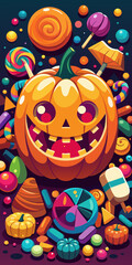 A cartoonish halloween scene featuring a pumpkin head surrounded by various colorful candies and sweets