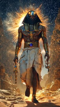 The mighty ancient Egyptian god walks in armor. Ancient Egyptian gods. Their myths remain shrouded in mystery. High quality FullHD footage