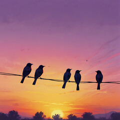 Five Birds Perched on Wire Against Vibrant Sunset Sky – Serenity, Companionship, and Evening Nature Concept