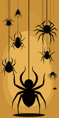 Silhouette of several spiders hanging down from strings on a light orange background with a circle