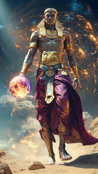 The mighty ancient Egyptian god walks in armor. Ancient Egyptian gods. Their myths remain shrouded in mystery. High quality FullHD footage