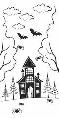 Illustration of a haunted house with bats spiders and trees under a cloudy sky drawing art