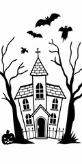 Silhouette of a haunted house with bats and a pumpkin for halloween celebration design vector art
