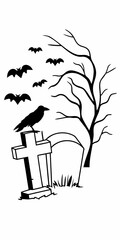 Silhouette of a crow on a gravestone with bats flying near a bare tree in a monochrome scene design