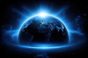 Fototapeta premium Earth globe, vibrant blue glow, cosmic rings