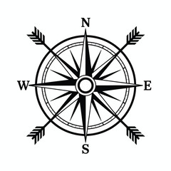 Obraz premium Classic black and white compass rose with directional arrows on a white background