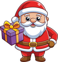 Cheerful cartoon santa claus holding a purple gift box with a yellow bow