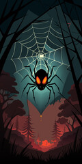 A spider with glowing eyes hanging in a web in a dark forest at night is depicted in the image