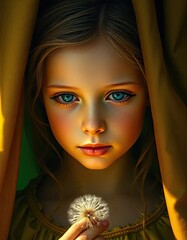 A hyper-realistic portrait of a young girl with striking blue eyes, softly lit and holding a dandelion, framed by golden fabric – AI Generated Digital Art