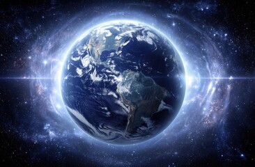 Fototapeta premium Earth, vibrant blue and white sphere, surrounded by glowing cosmic energy