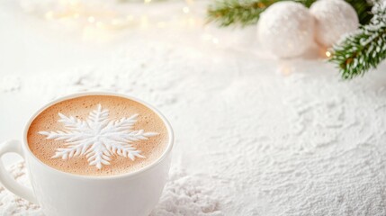 Warm holiday beverage with snowflake design on a cozy winter table